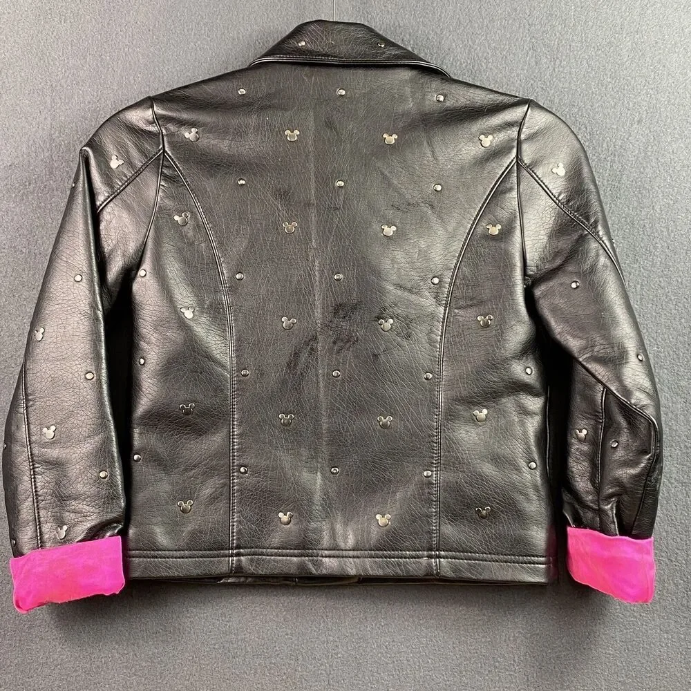 Disney Moto Zip Faux Leather Mickey Mouse Studded Jacket Size 9-10 Black Pink